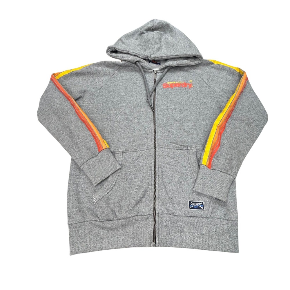 Superdry Cali Hoodie Mens XL Gray Full Zip Up Japan Logo Sripe Streetwear Retro
